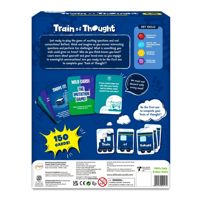 Back of the box of Train of Thought family card game