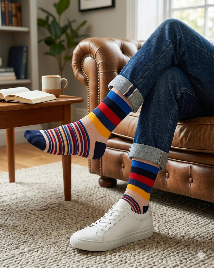 Varsity Block crew socks lifestyle shot showing bold block stripe pattern peeking from rolled jeans on leather sofa