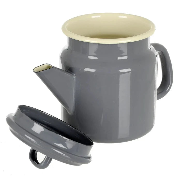 slate grey and cream enamelled coffee pot with lid off