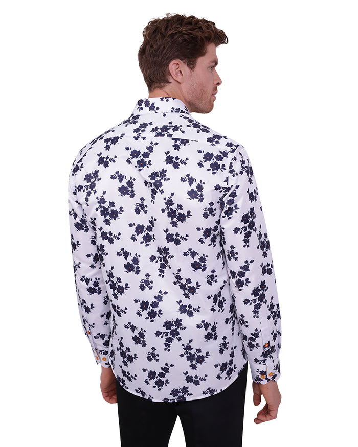 White Floral Print Men's Shirt-Makrom