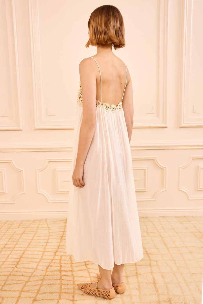 Zadie Coverup Dress in Creme Cotton Gauze, Open Back with Crochet Detail - Back View | Ulla Johnson