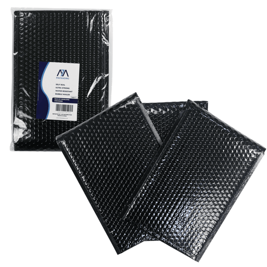Size F pack of 3 bubble mailers on white background with cellophane packaging with M7 branding