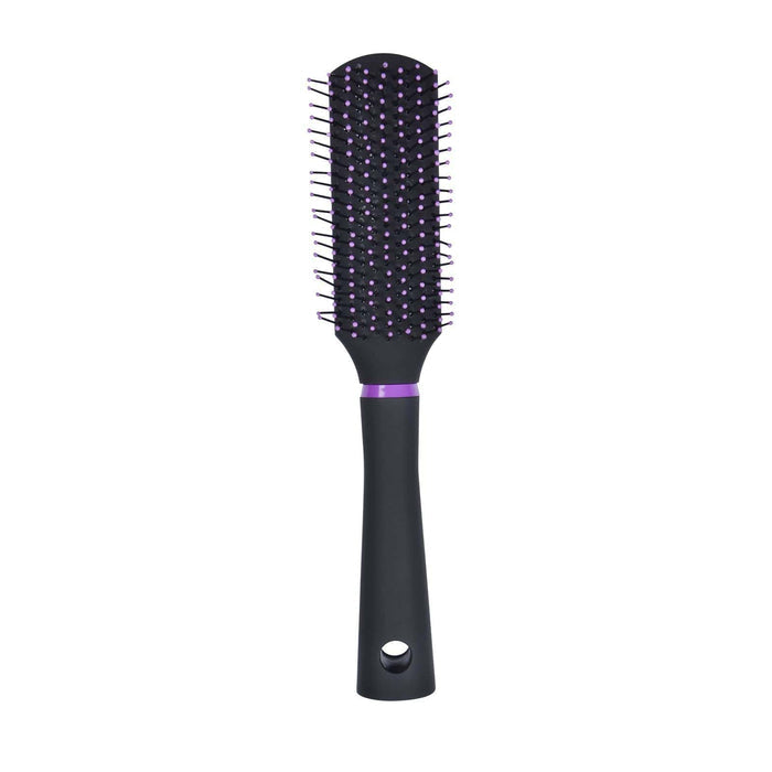 Black hair brush with purple detailing on a white background