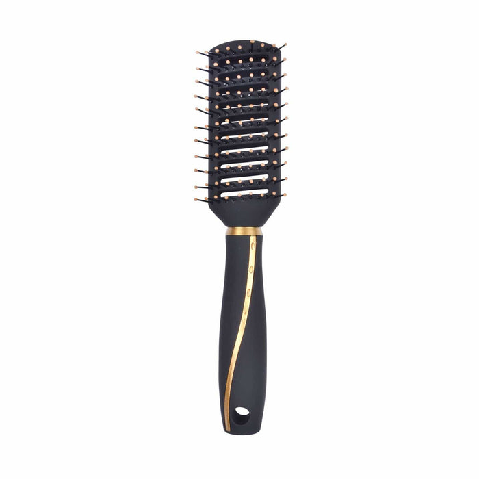 Vented black hair brush with gold detailing on a white background