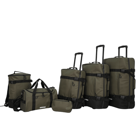 full 6 piece safari set featuring 3 suit cases, back pack, duffle bag and wash bag in olive green colour with black details