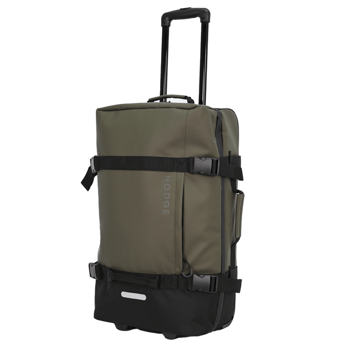 side view of medium hodge and hodge suitcase with telescopic handle, security buckles and reflective details.