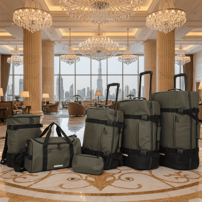 6 Piece Family Travel Luggage Set – Complete Holiday Suitcase Bundle (Olive Safari)