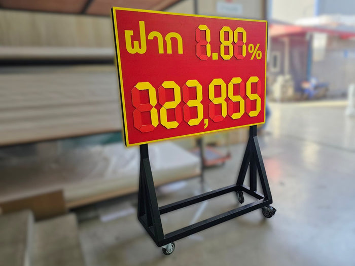 ป้ายสกอร์บอร์ดคะแนนดิจิทัล สีแดงตัวเลขเหลืองตัวอักษรไทย