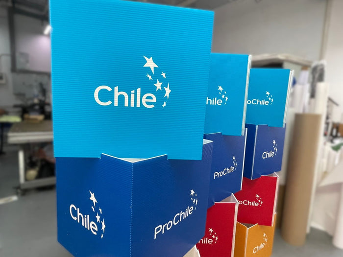ชั้นวางกระดาษฟิวเจอร์บอร์ดสีน้ำเงิน พิมพ์โลโก้ chile และ prochile
