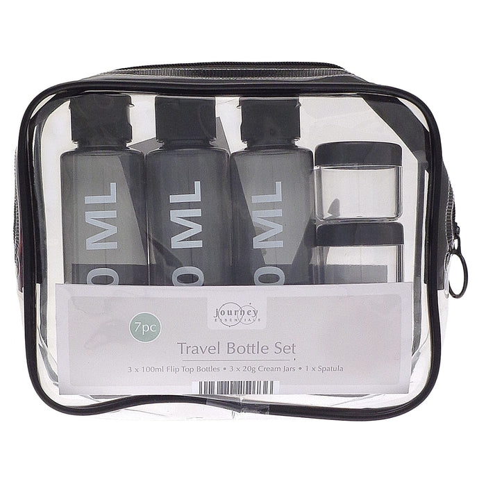 travel bottle set in transparent storage bag with 3 100ml bottles and 20g containers visible inside bag