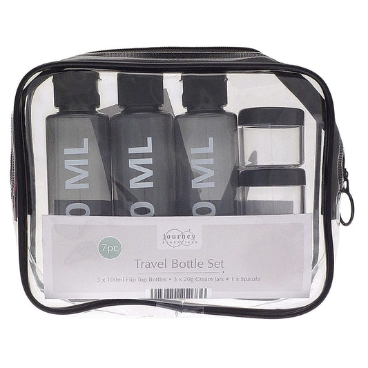 travel bottle set in transparent storage bag with 3 100ml bottles and 20g containers visible inside bag