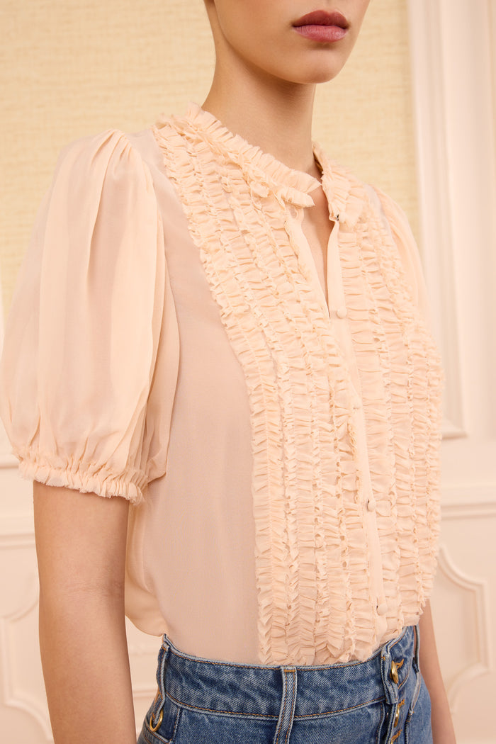 Blush Designer Silk Adira Blouse - Ruffle Bib Close-Up Detail | Ulla Johnson