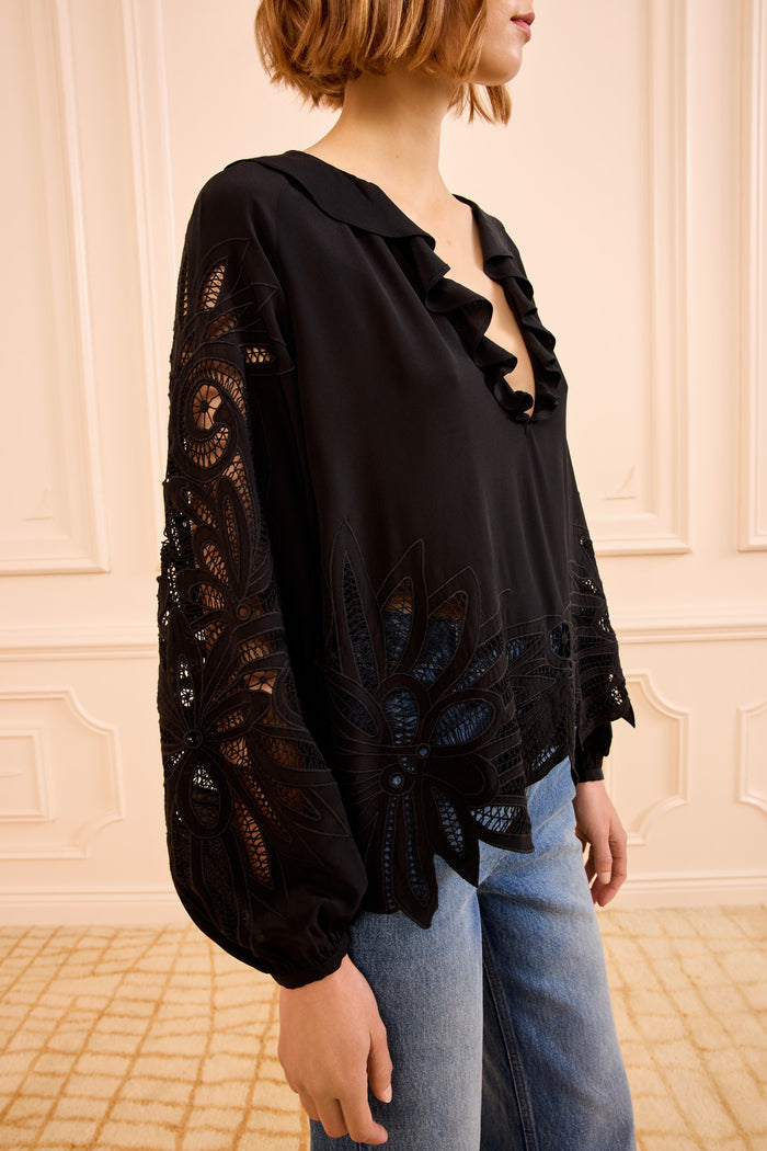 Black Designer Silk Blouse with Lace Sleeves - Side Detail | Ulla Johnson