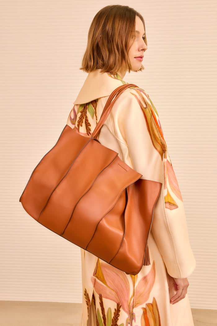Sierra Brown Leather Adria Tote - Model Side Profile View | Ulla Johnson
