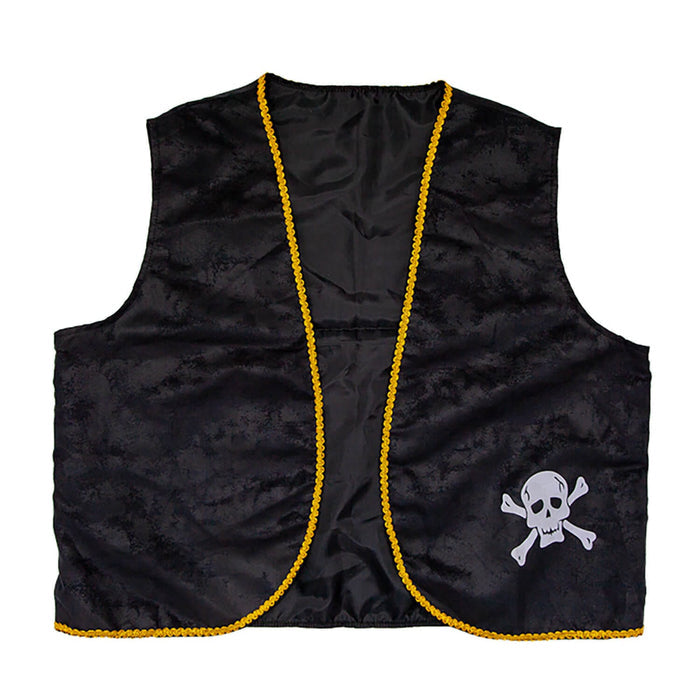 Black waistcoat with yellow trim and skull and crossbones design on a white background