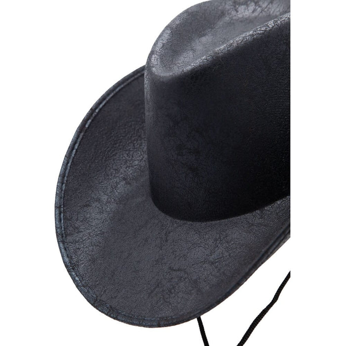 Close up of a black faux leather cowboy hat for Halloween