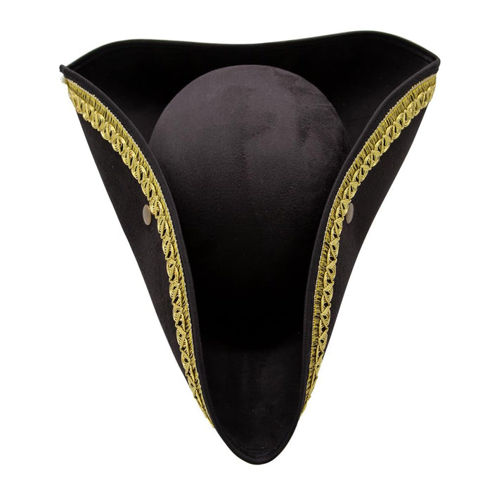 Top dow view of a black tricorn pirate hat with gold braid trim