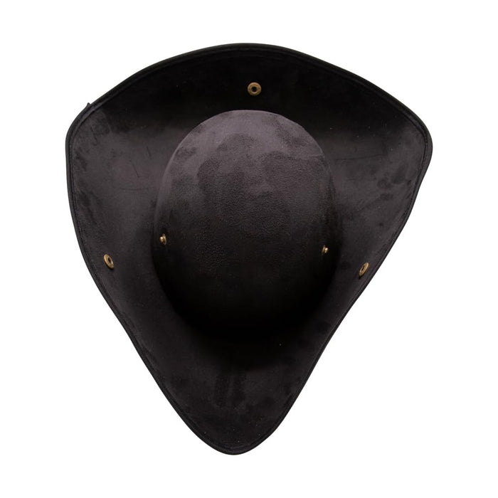 Top down view of a black pirate hat with brim popper fastenings undone