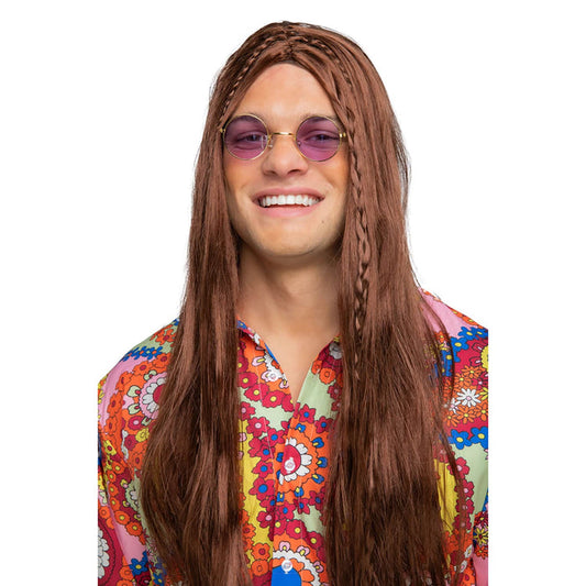 Person wearing a brown wig, purple tinted glasses and hippie shirt on a white background