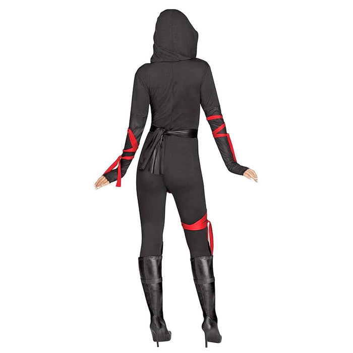 A woman modeling a black hooded ninja-style one-piece costume from the back, featuring red accents on the sleeves and thighs, paired with black knee-high boots against a plain white background.