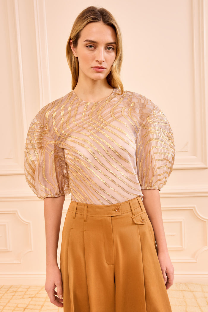 Gold Lurex Fil Coupé Silk Organza Blouse - Front View, On Model | Ulla Johnson