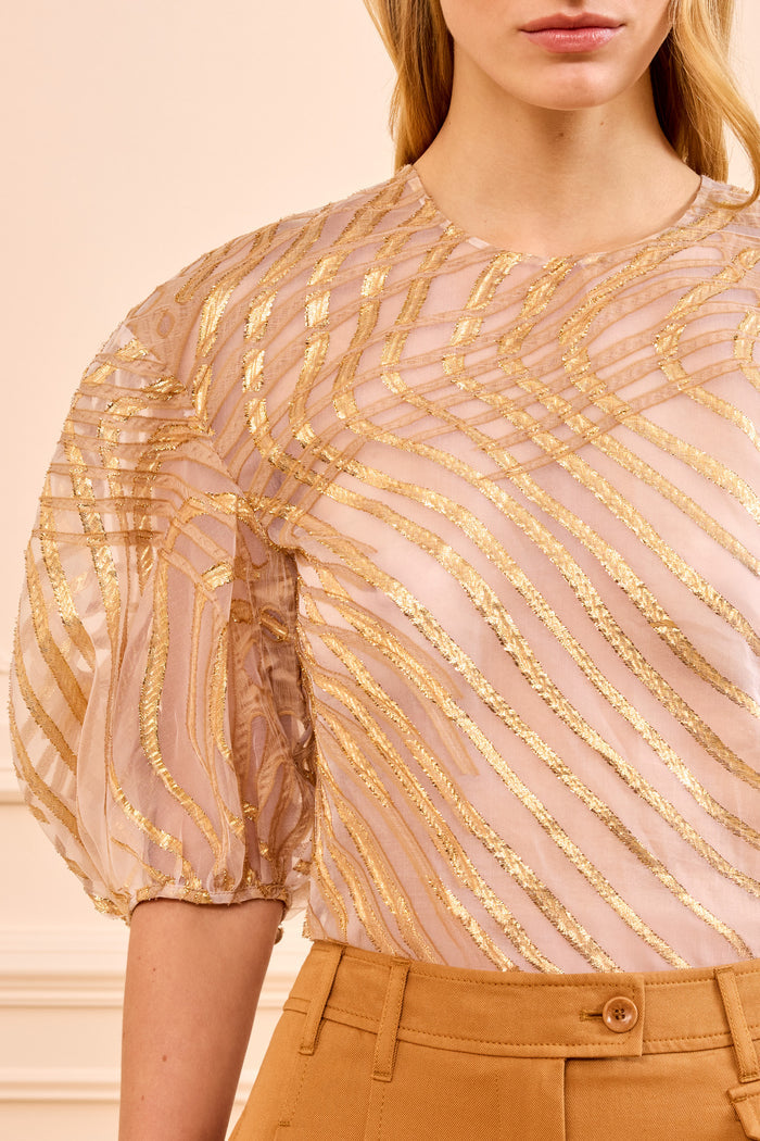 Gold Lurex Fil Coupé Cropped Blouse - Balloon Sleeve Detail, Close-Up | Ulla Johnson