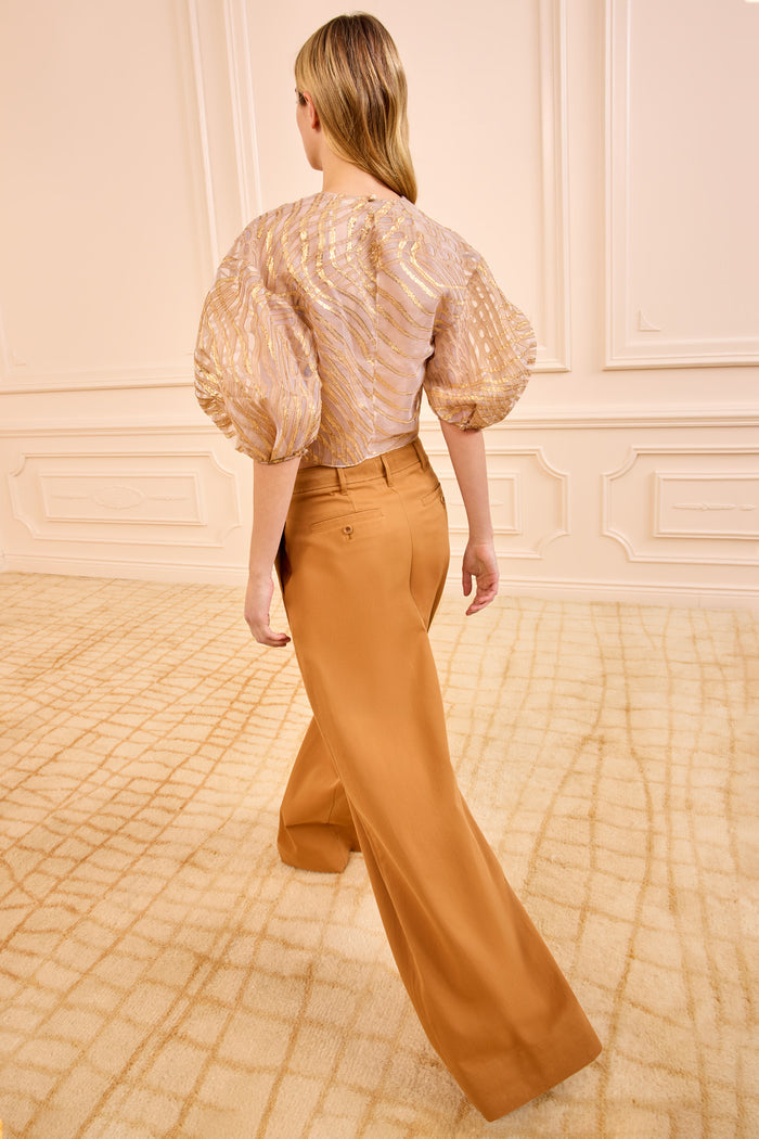Gold Lurex Fil Coupé Blouse with Balloon Sleeves - Back View, On Model | Ulla Johnson