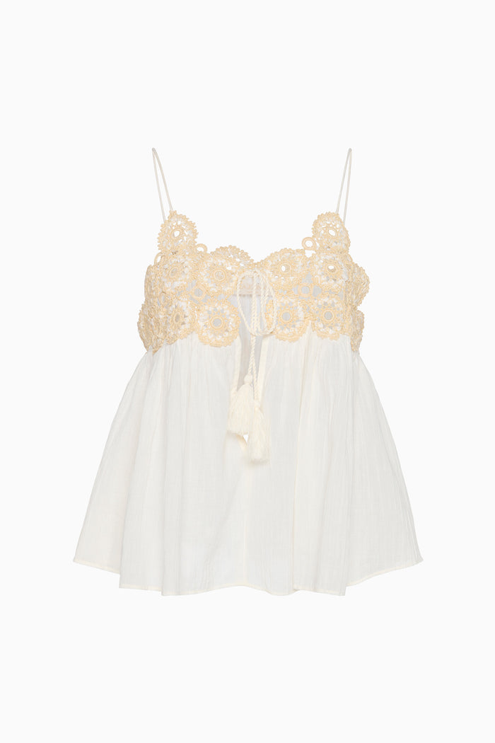 Creme Cotton Gauze Designer Coverup Top - Flat Lay, Hand-Crocheted Floral Bodice | Ulla Johnson