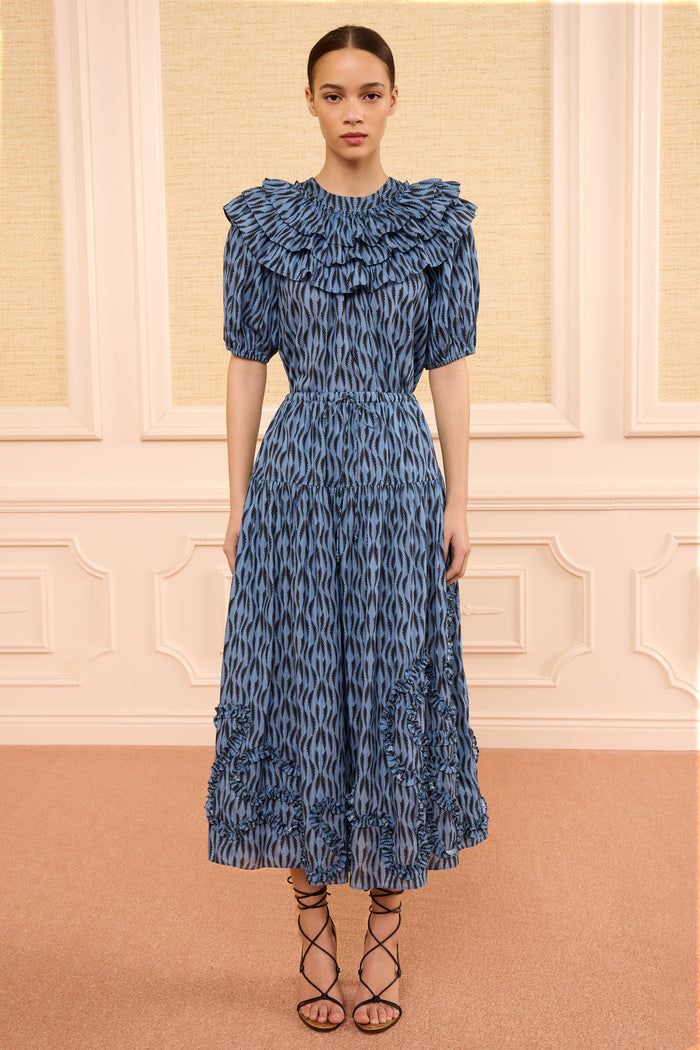 Tidal Blue Alexandra Midi Skirt - Full Front On Model, Vine Stripe Print | Ulla Johnson