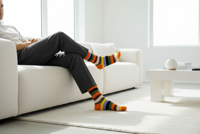 Amber Pine unisex crew socks top-down view, warm amber tones on earthy striped base