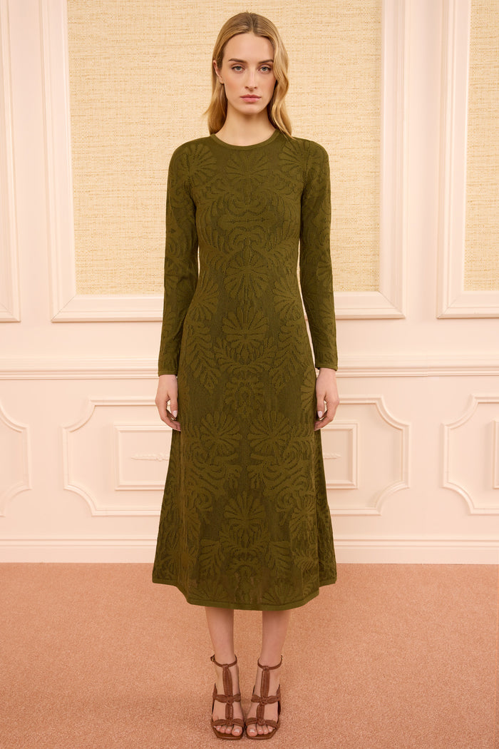 Moss Green Luxury Jacquard Knit Midi Dress, Long Sleeve - Full Front On Model | Ulla Johnson