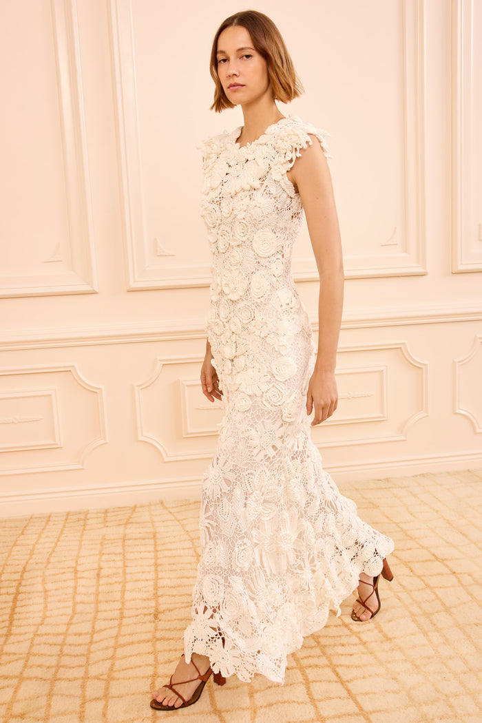 Pearled Ivory Hand Crochet Maxi Dress - Full Front View | Ulla Johnson