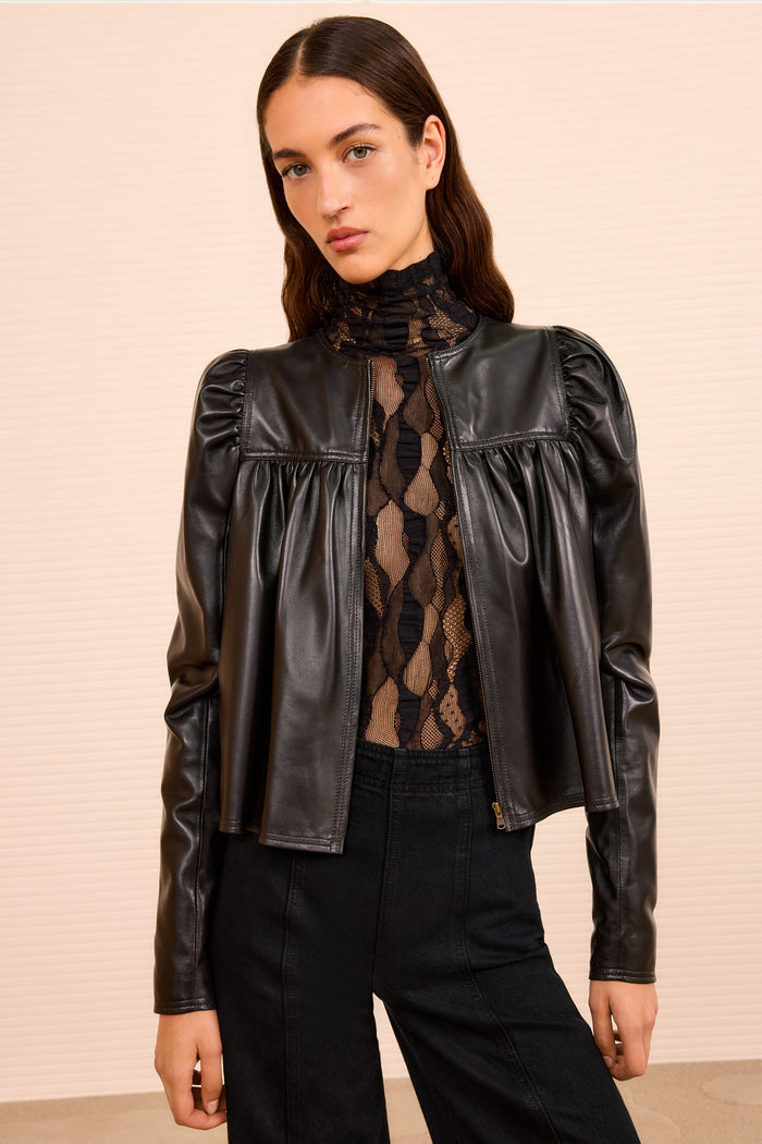 Black Nappa Leather Zip Up Jacket with Puff Sleeves - On Model Front View | Ulla Johnson