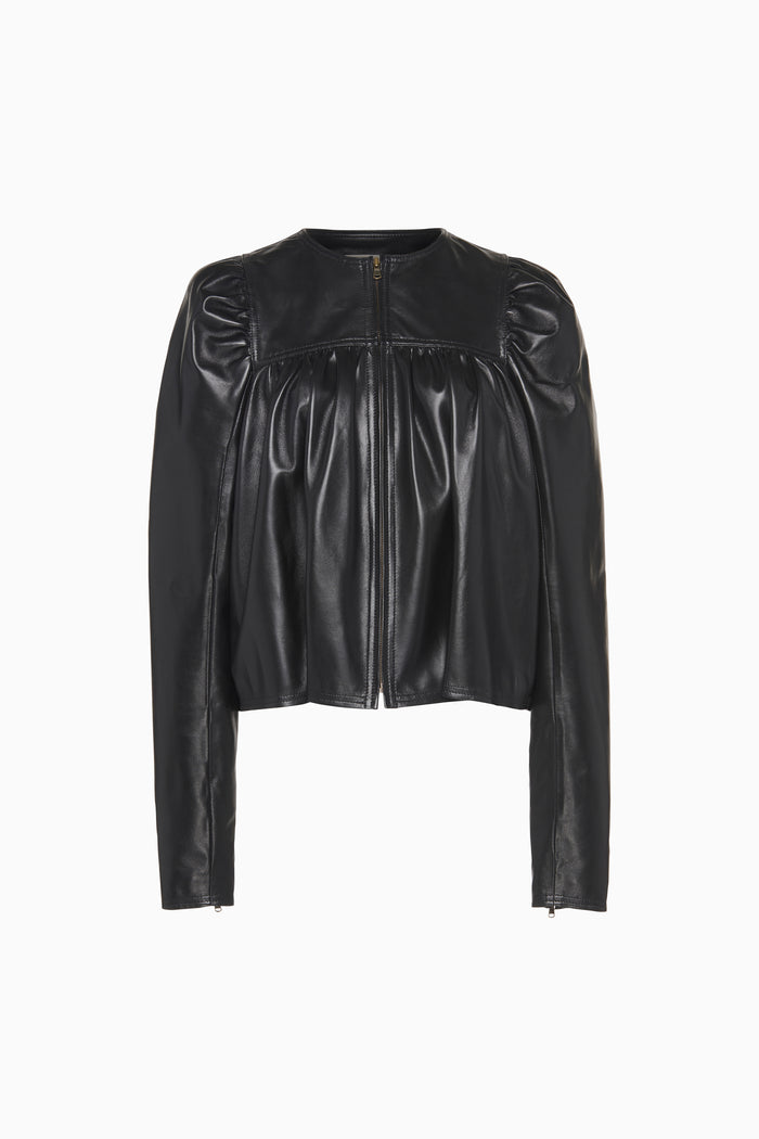 Black Leather Anouk Zip Up Jacket - Flat Lay Front View, Gathered Bodice Detail | Ulla Johnson