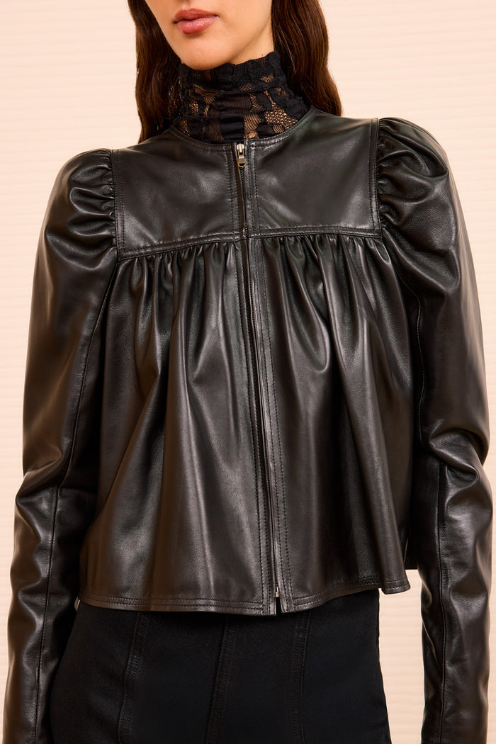 Black Luxury Leather Jacket, Puff Sleeve & Gather Detail Close-Up - On Model | Ulla Johnson