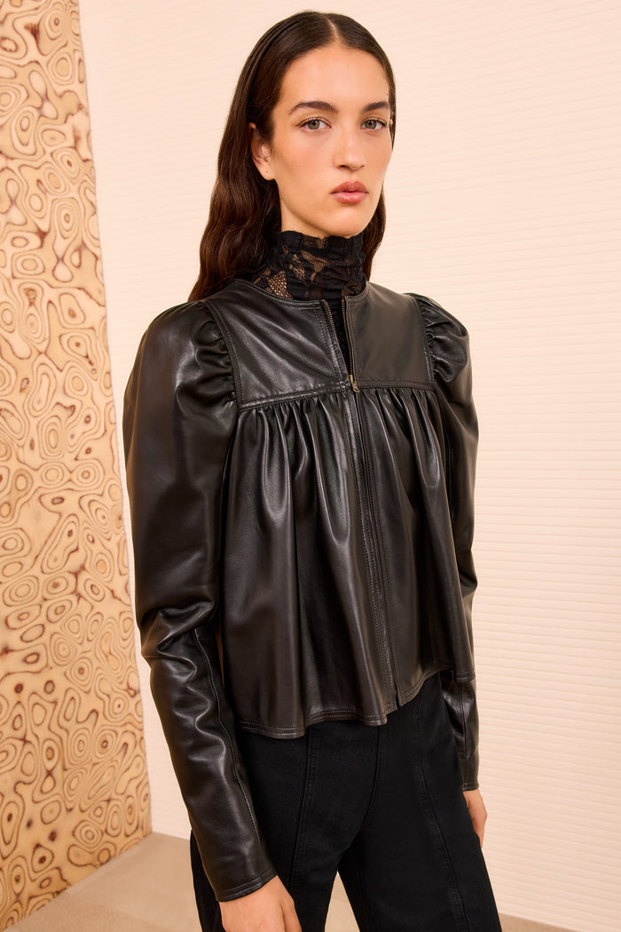 Black Designer Leather Jacket with Puff Sleeves - On Model Three-Quarter Side View | Ulla Johnson