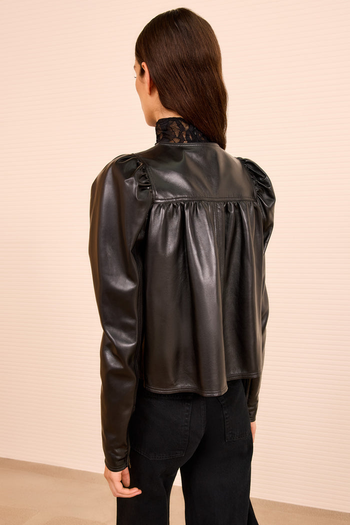 Black Premium Leather Zip Up Jacket, Gathered Back Yoke & Puff Sleeves - Back View | Ulla Johnson