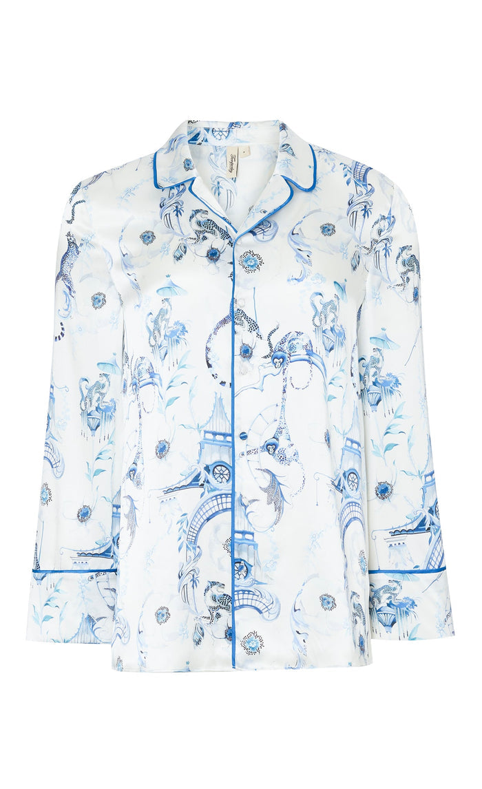 Aphrodite Long-Sleeve Pyjama Top - White & Blue Euphoria