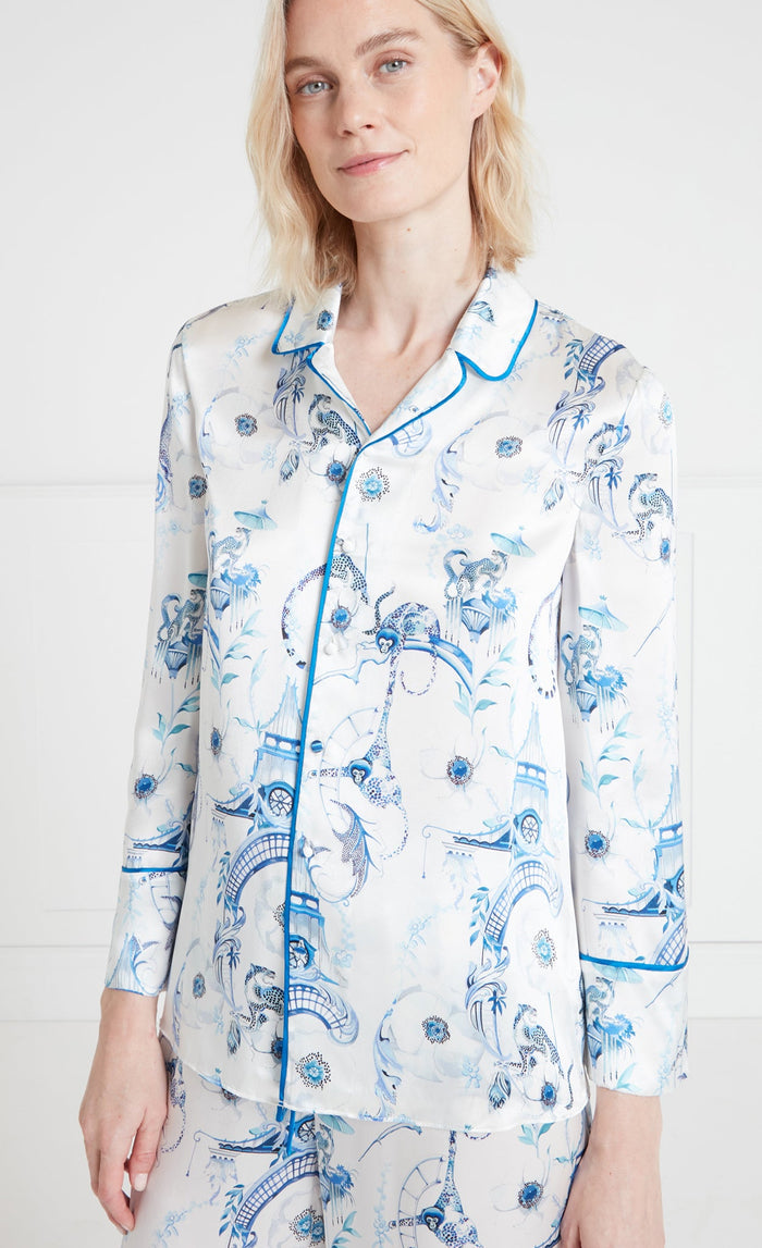 Aphrodite Long-Sleeve Pyjama Top - White & Blue Euphoria