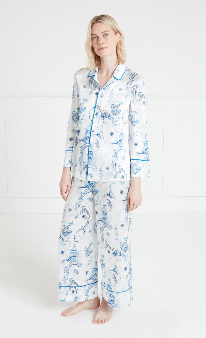 Aphrodite Long-Sleeve Pyjama Top - White & Blue Euphoria