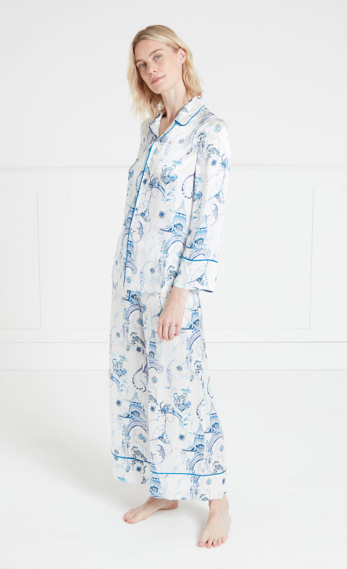 Aphrodite Long-Sleeve Pyjama Top - White & Blue Euphoria