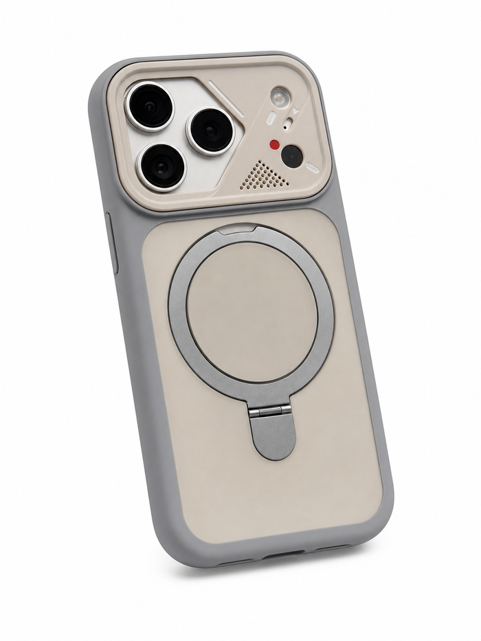 ArcStand Magnetic iPhone Case in White – angled back view showing built-in magnetic ring stand | ModSoles