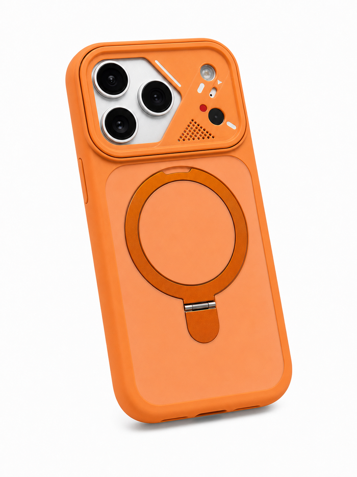 ArcStand Magnetic iPhone Case in Orange – angled back view with magnetic ring and kickstand | ModSoles