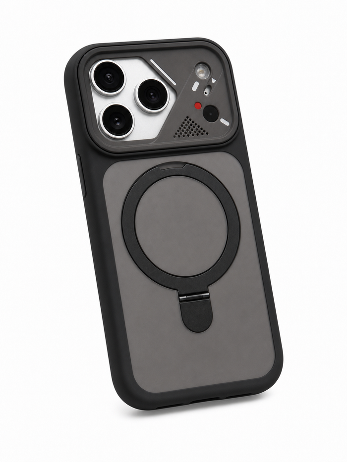 ArcStand Magnetic iPhone Case in Obsidian – angled back view with magnetic ring stand | ModSoles
