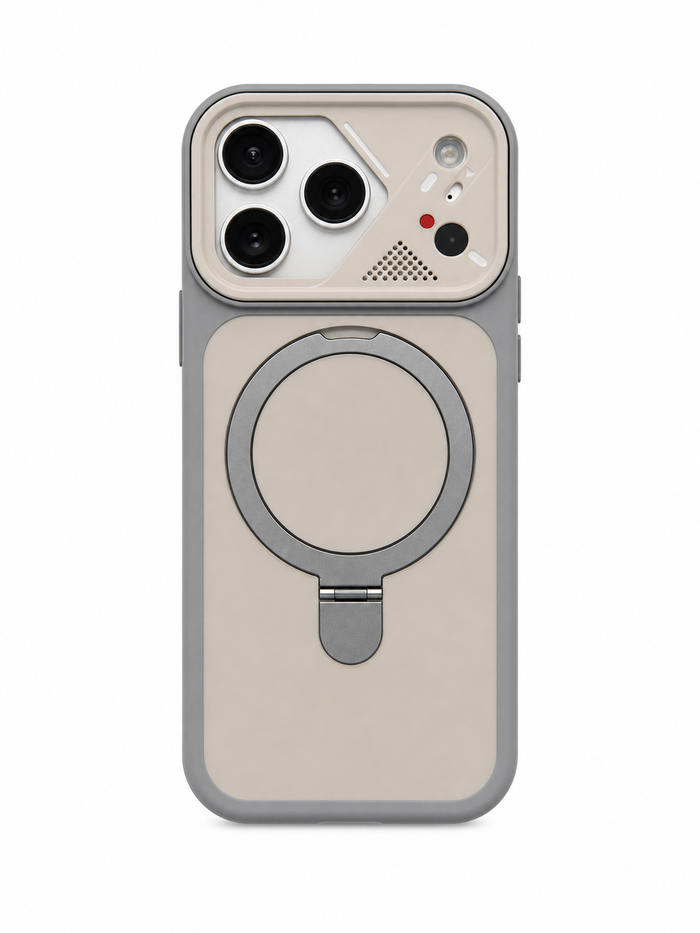 ArcStand Magnetic iPhone Case in White – straight-on back view with folded kickstand and camera cutout | ModSoles
