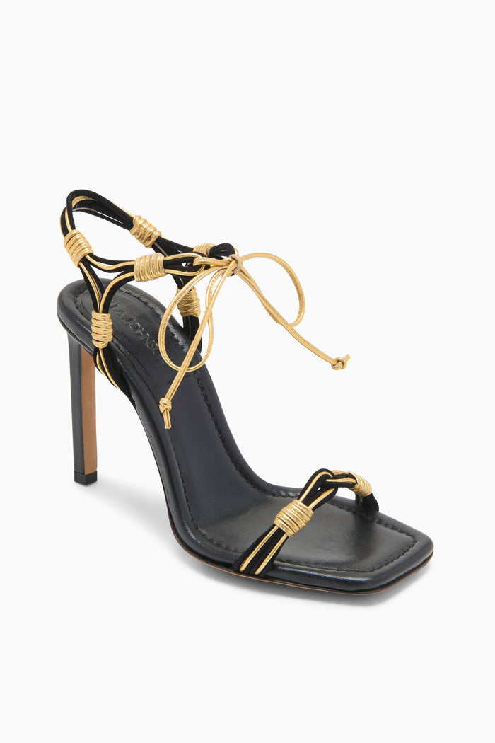 Gold Noir Designer Strappy Stiletto Heel with Gold Piping Detail - Front Angle | Ulla Johnson