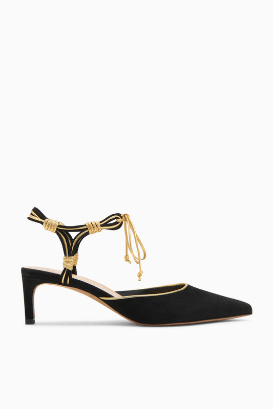 Black Suede & Gold Leather Aris Kitten Heel Pump - Side Profile | Ulla Johnson