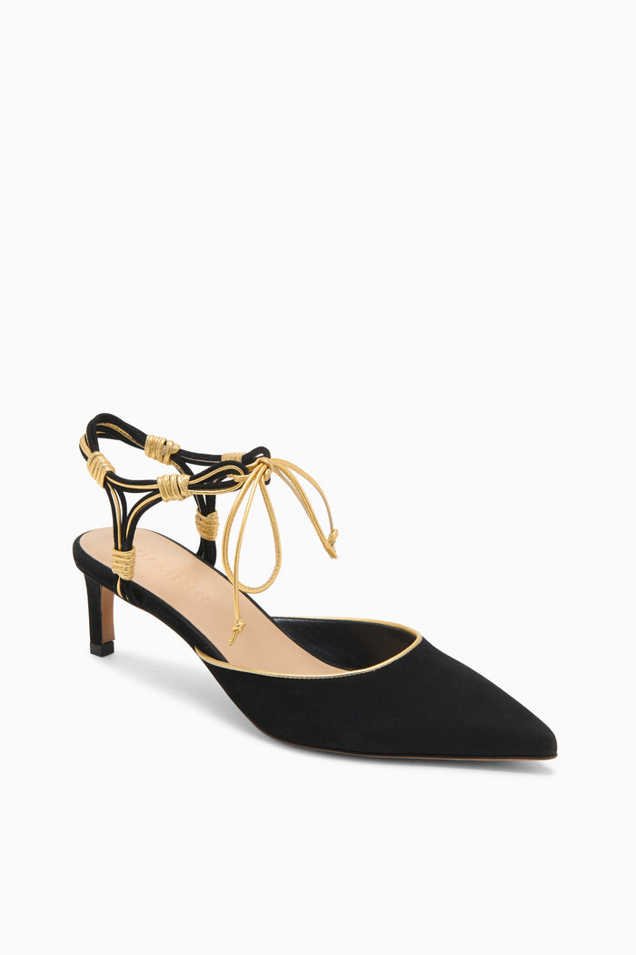 Black Suede Aris Designer Kitten Heel with Gold Piped Strap - Three-Quarter View | Ulla Johnson