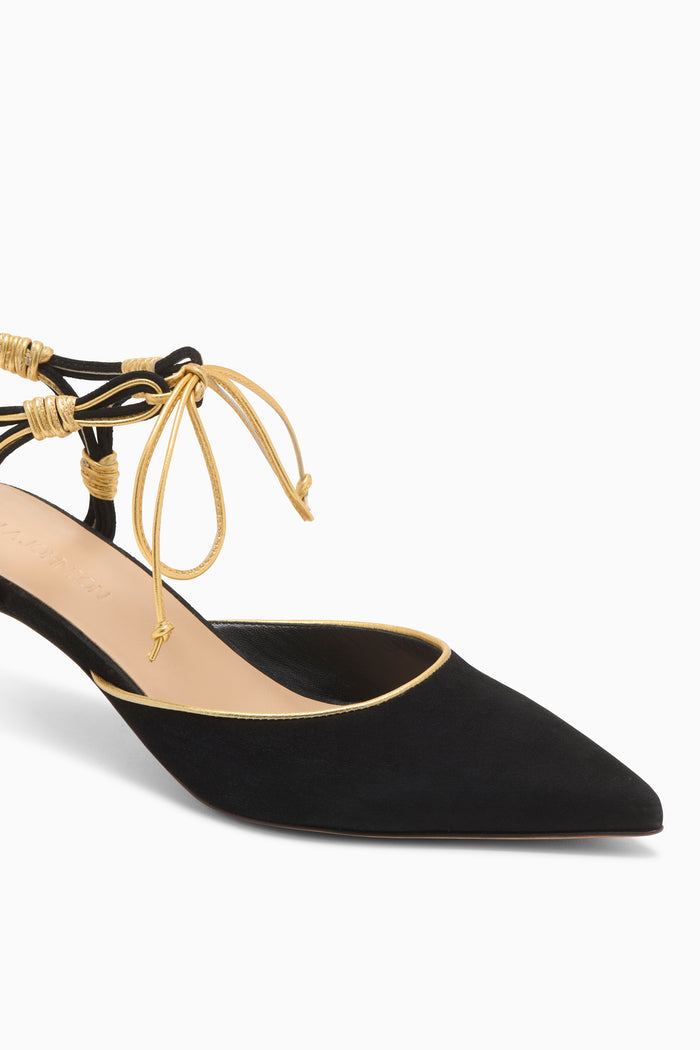 Black Suede Aris Luxury Heel - Gold Piping & Wrapped Strap Close-Up Detail | Ulla Johnson