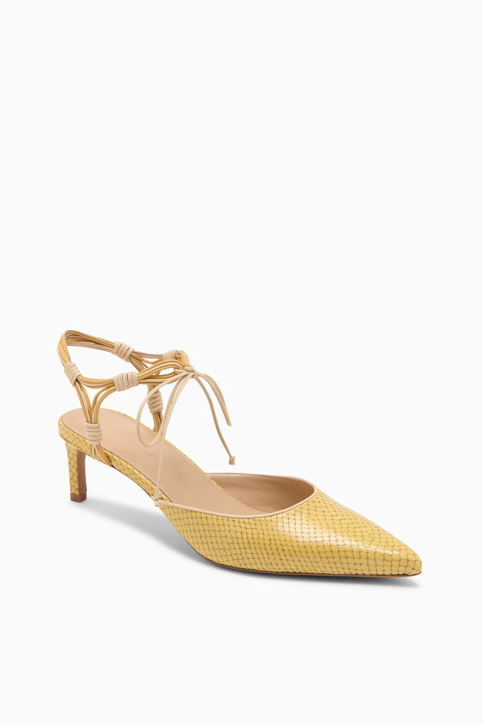 Lotus Yellow Designer Strappy Kitten Heel Pointed Toe - Three Quarter View | Ulla Johnson